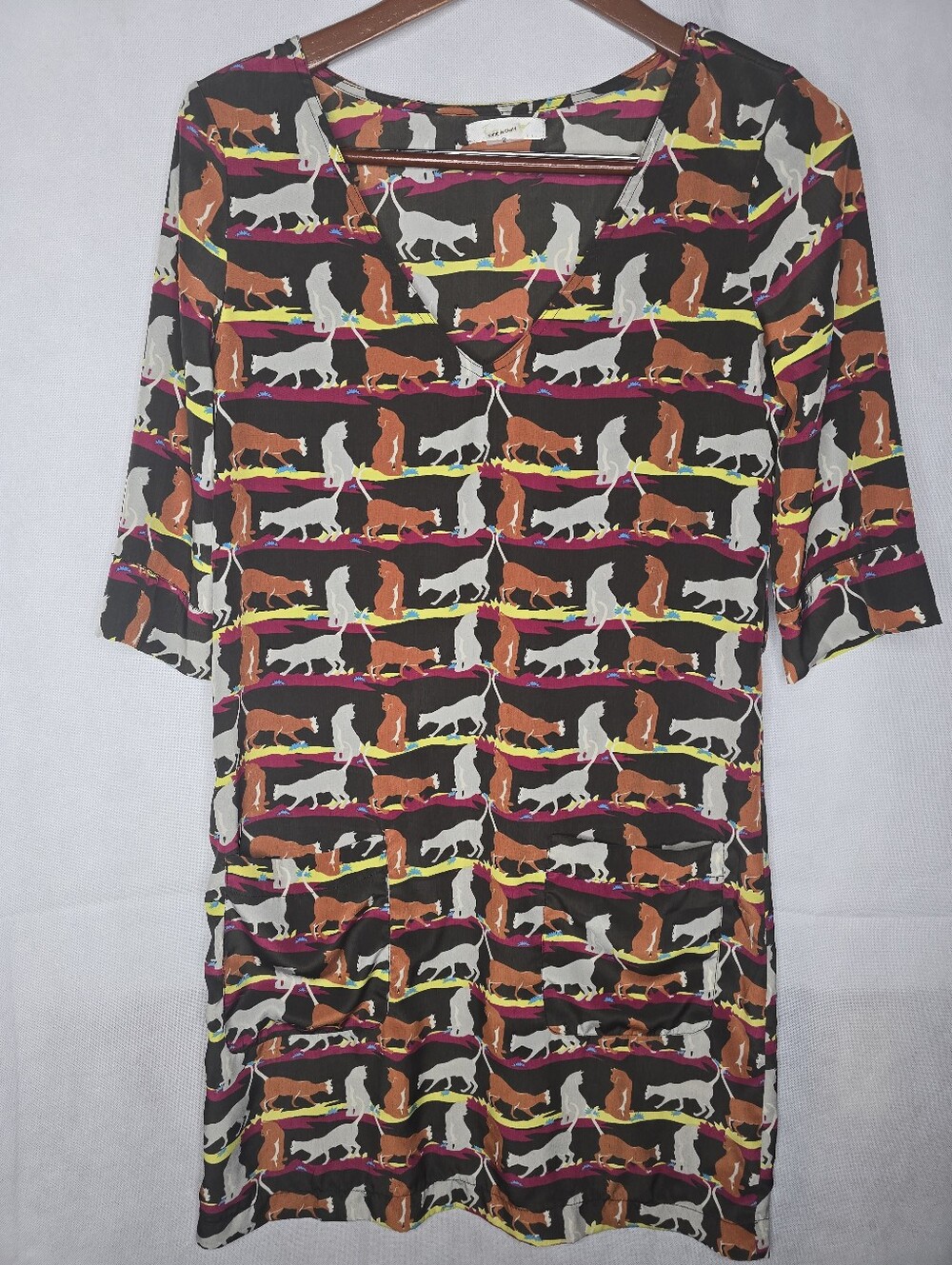 Ezra Cat Print Dress Black Multicolor Novelty Animal V-neck Belted 3/4 Sleeve S